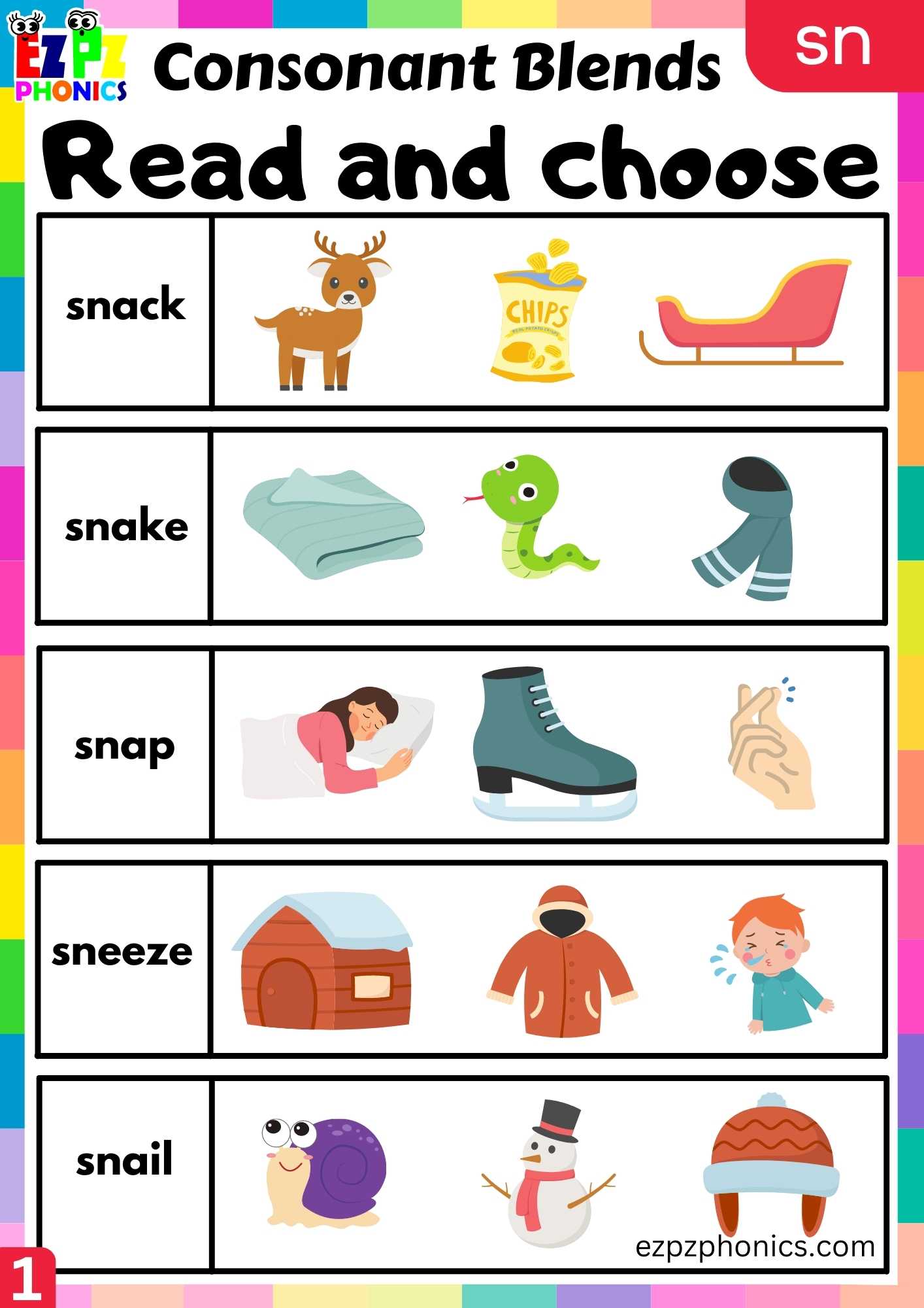 Group1 SN Words Read And Choose Phonics Consonant Blends Worksheet